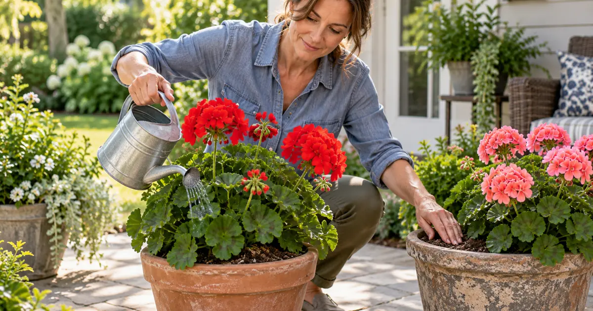 Geranium care while watering healthy potted geraniums outdoors