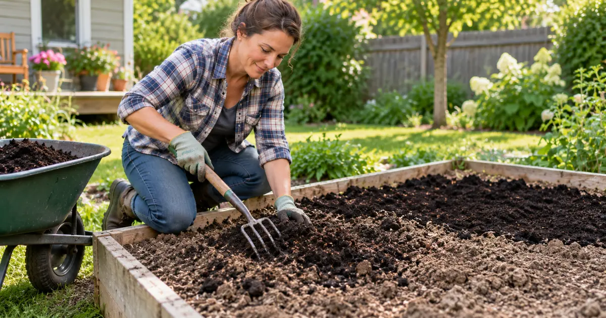 Gardener mixing finished compost into soil in a new garden bed