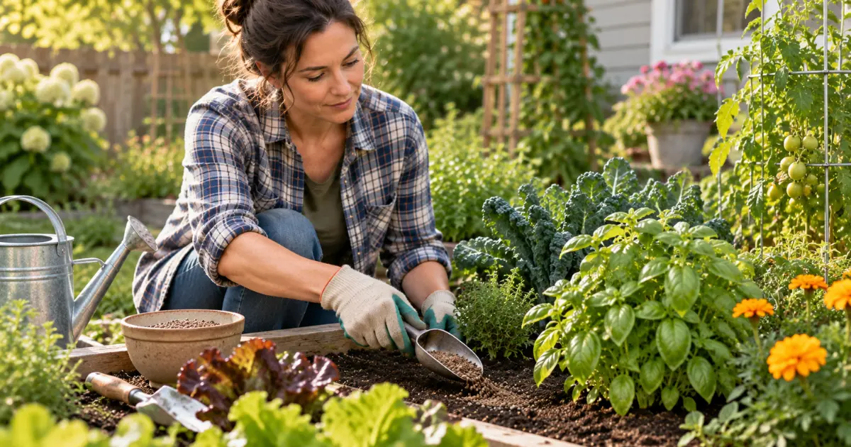 Gardener carefully applying organic fertilizer to soil around healthy garden plants