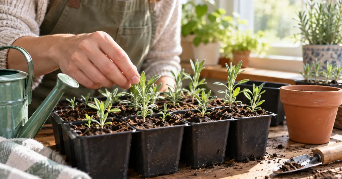 Young lavender seedlings growing in bright light with balanced moisture