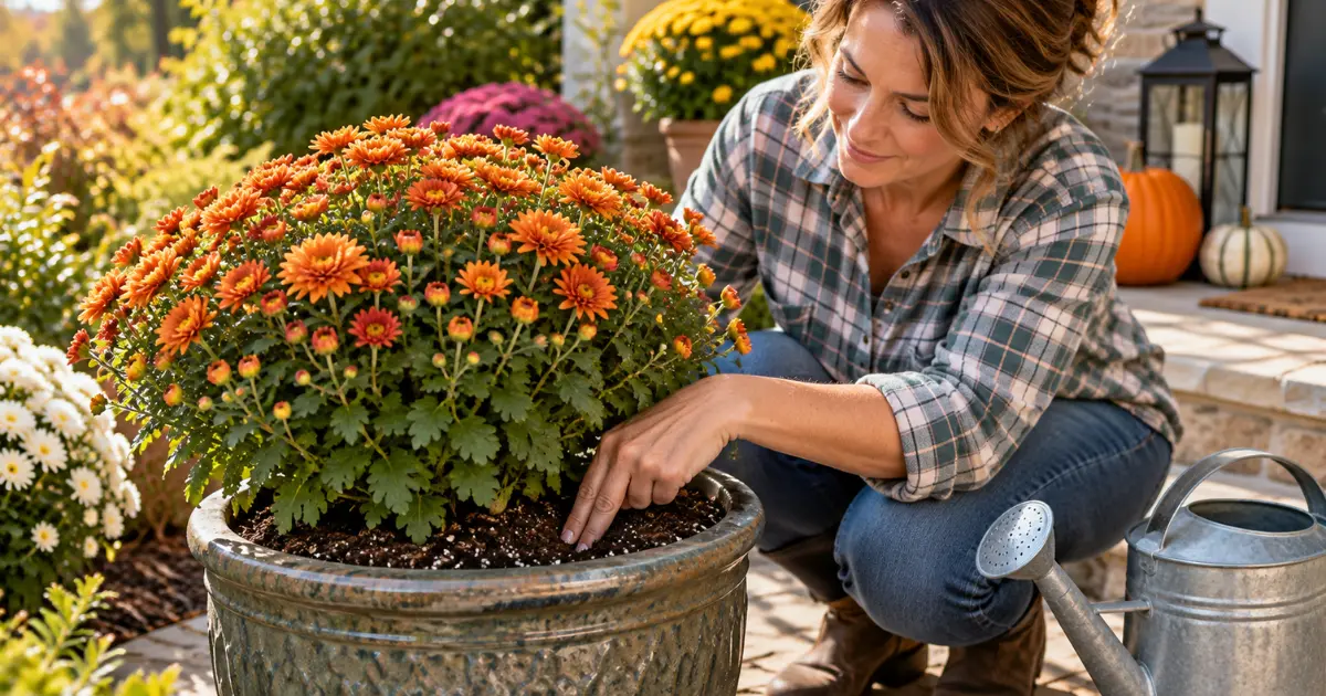 Gardener checking soil moisture before watering potted mums