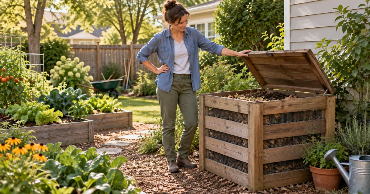 Gardener choosing a practical location for a backyard compost bin