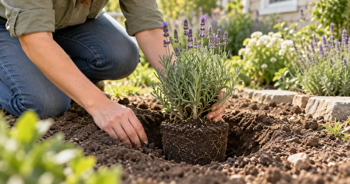 Lavender plant positioned with the top of the root ball level with the surrounding garden soil