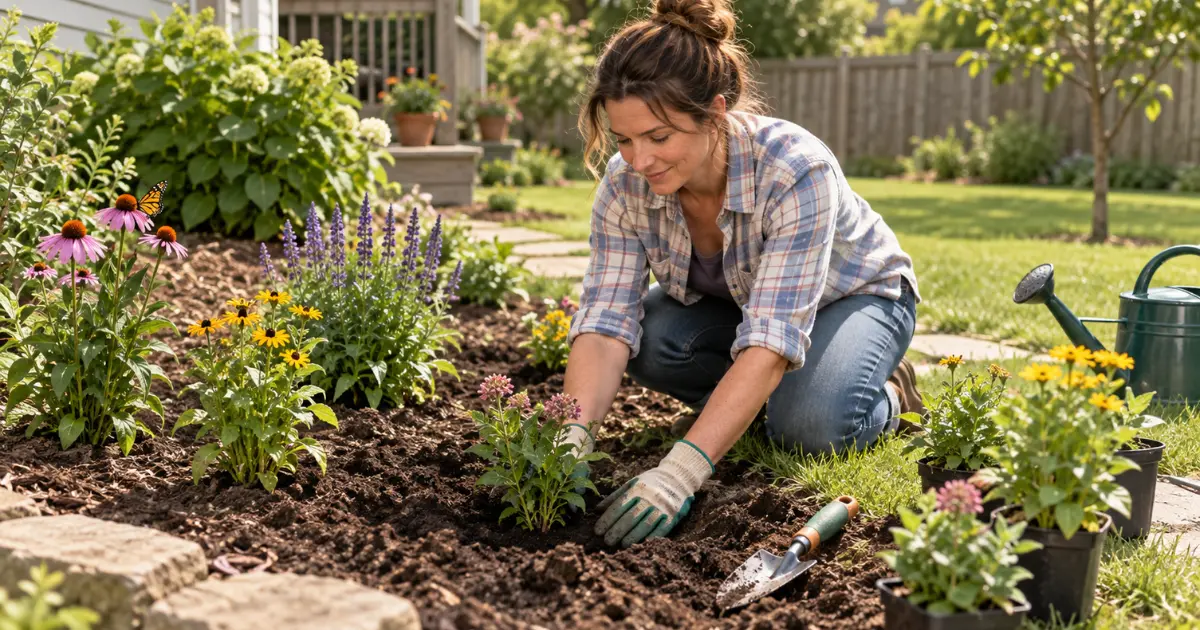 Gardener planting flowers while creating a pollinator garden step by step