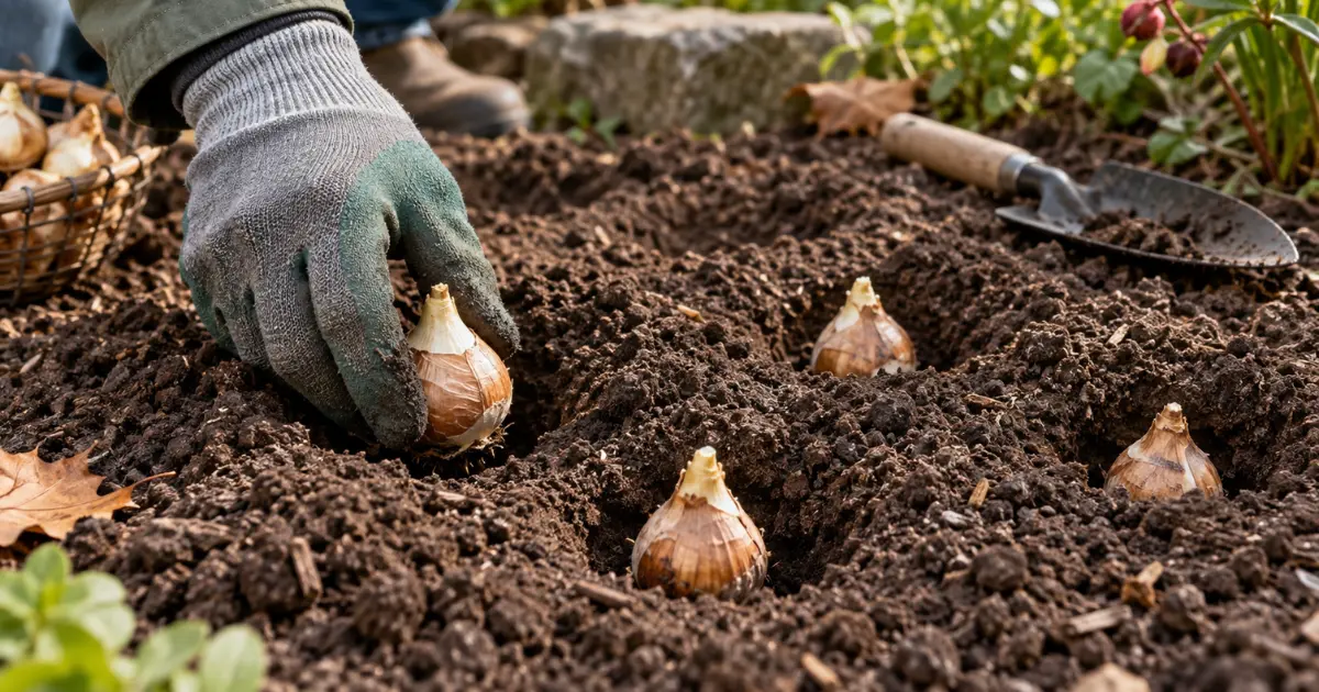 Daffodil bulbs planted point-up at proper depth in garden soil