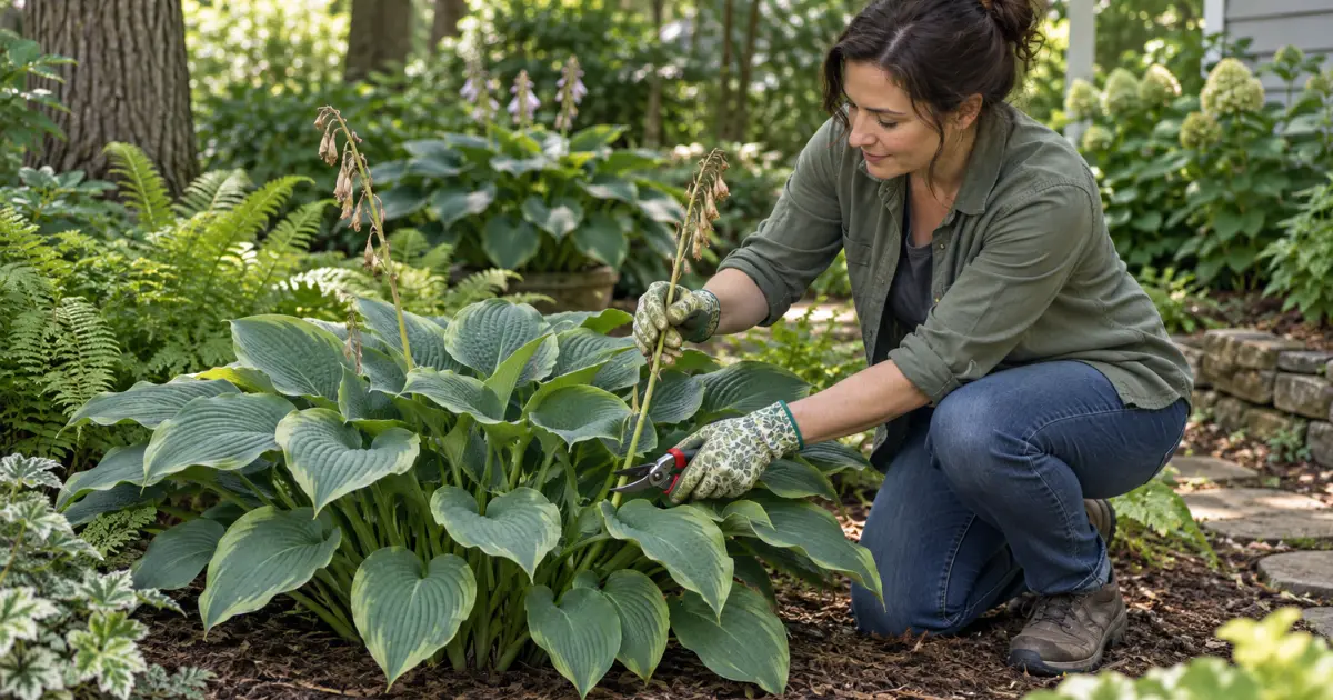 Gardener removing a spent hosta flower stalk while leaving healthy foliage intact