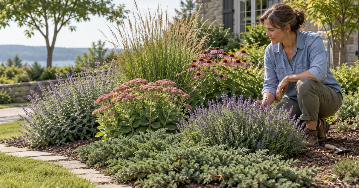Drought tolerant plants with different heights and textures arranged in a sunny home garden