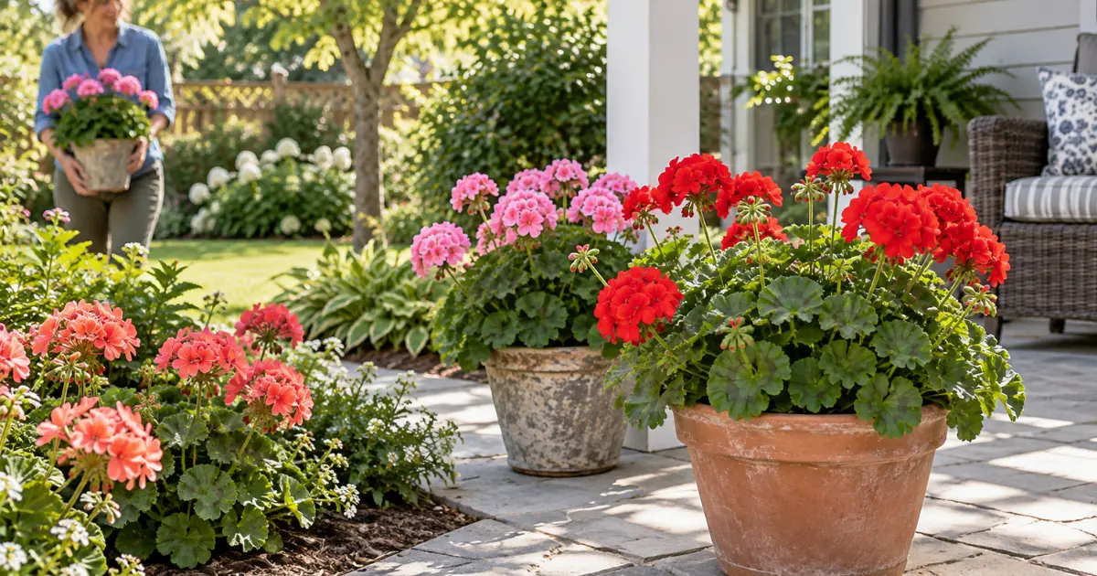 Geranium care with healthy plants growing in suitable outdoor sunlight