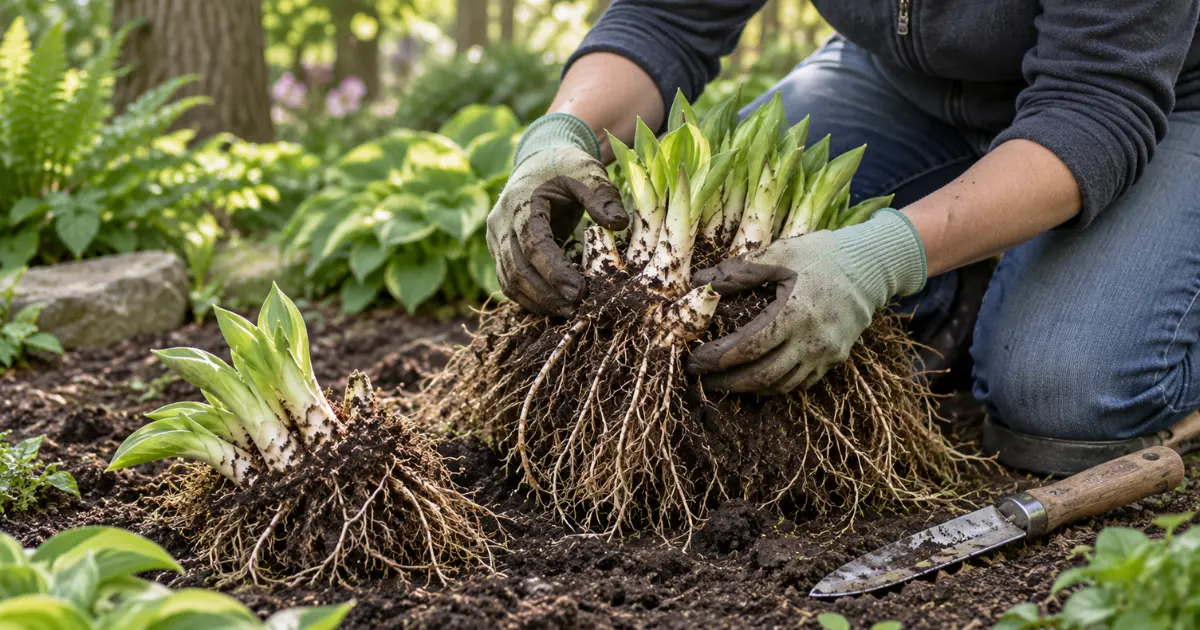 Gardener identifying hosta growing points, crown and roots before dividing the clump