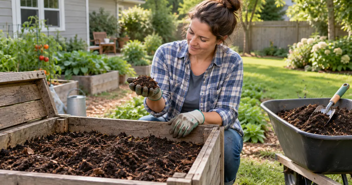 Gardener holding dark crumbly finished compost beside a backyard compost bin