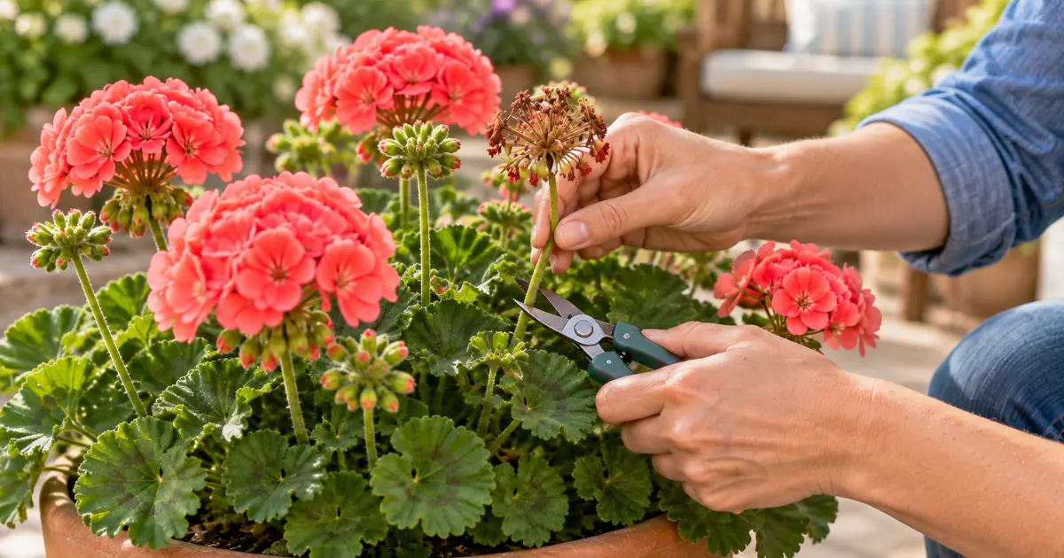 Gardener using clean snips to remove a spent geranium flower stalk without damaging healthy growth