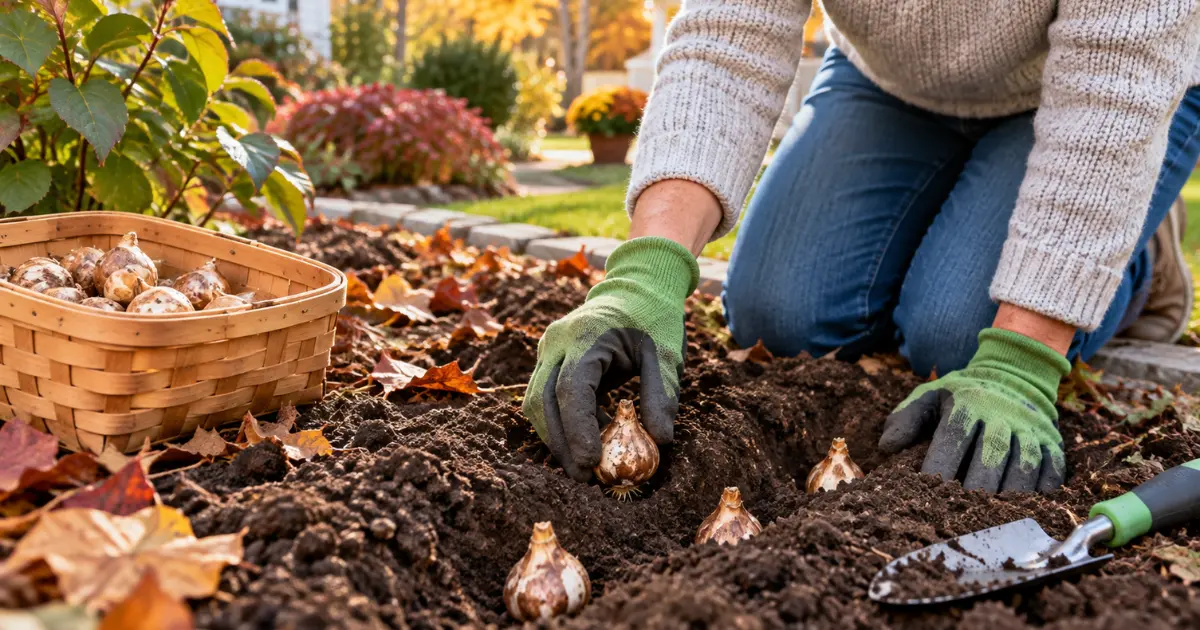 Gardener planting daffodil bulbs in workable fall garden soil