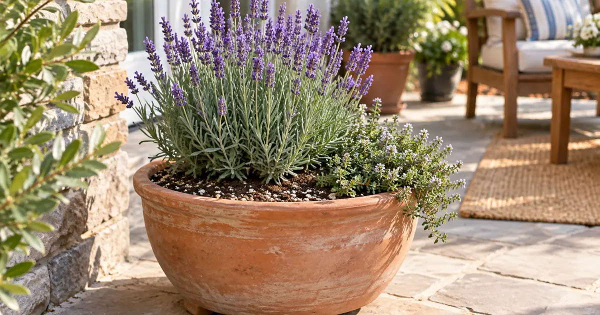What to plant with lavender in a container with low-growing thyme