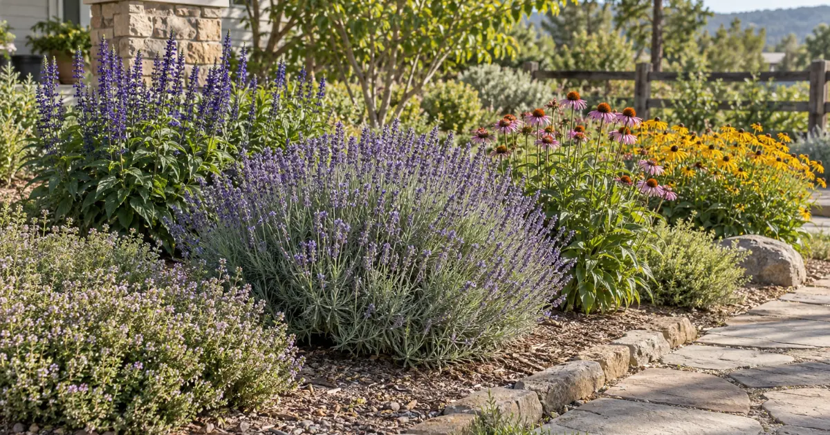 Lavender companion plants growing together in a sunny well-drained mixed garden border