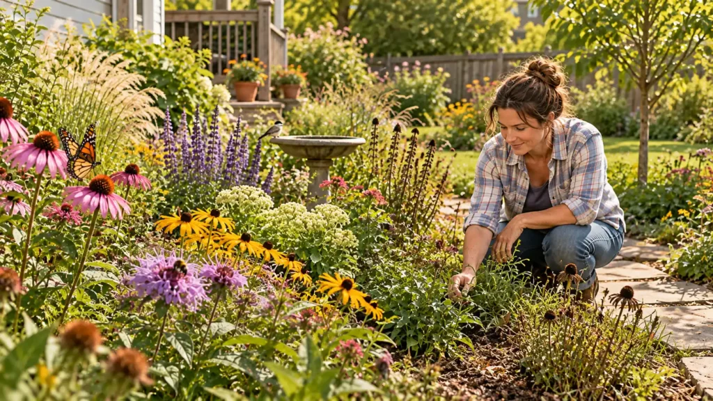 Gardener maintaining a pollinator garden with flowers, grasses, bees and butterflies