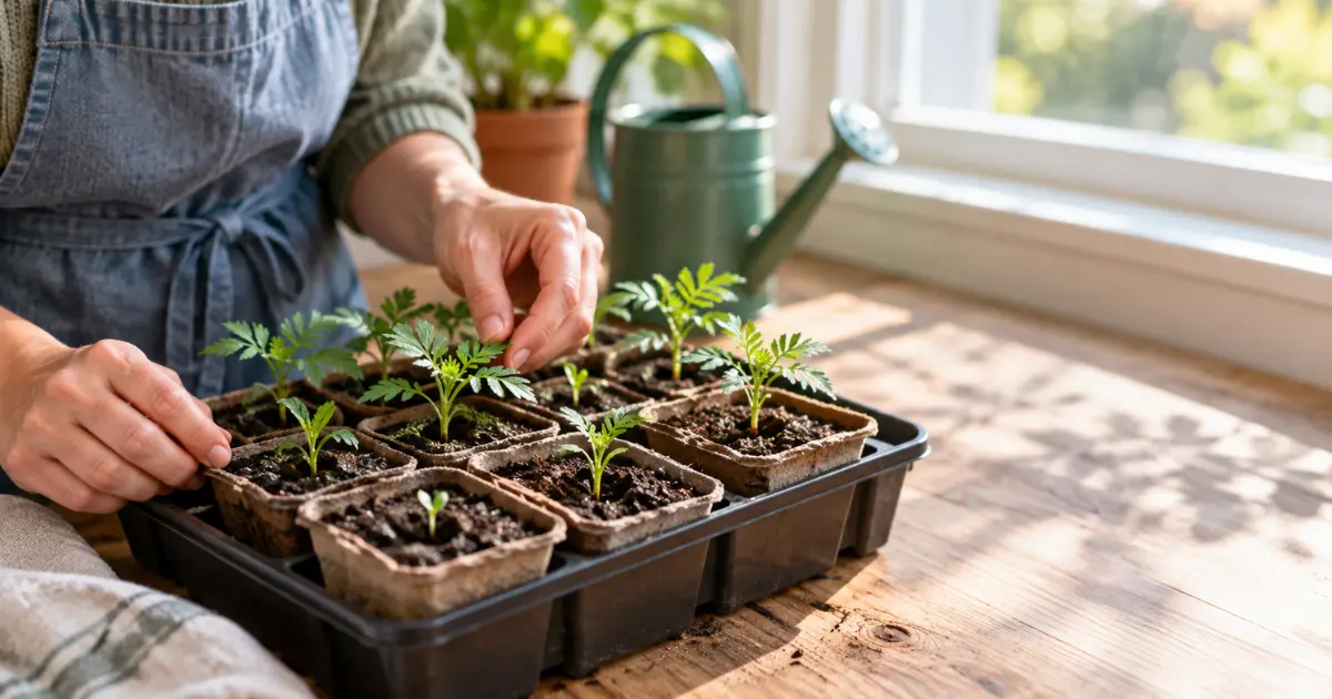 Young marigold seedlings growing indoors in seed-starting containers