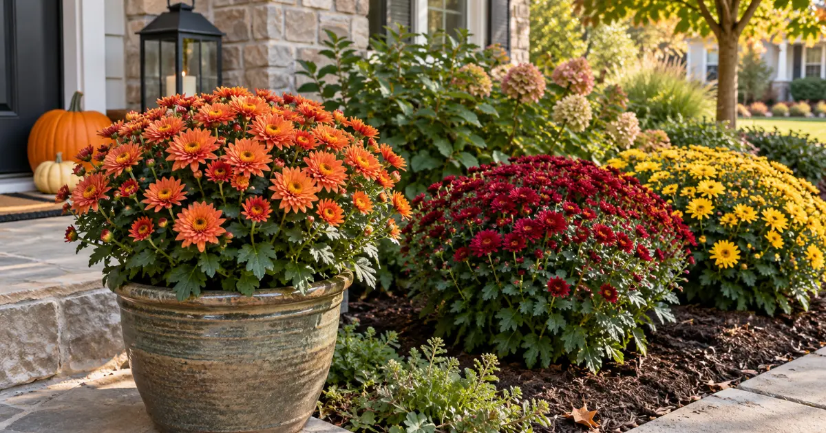 Healthy chrysanthemums growing in containers and garden beds