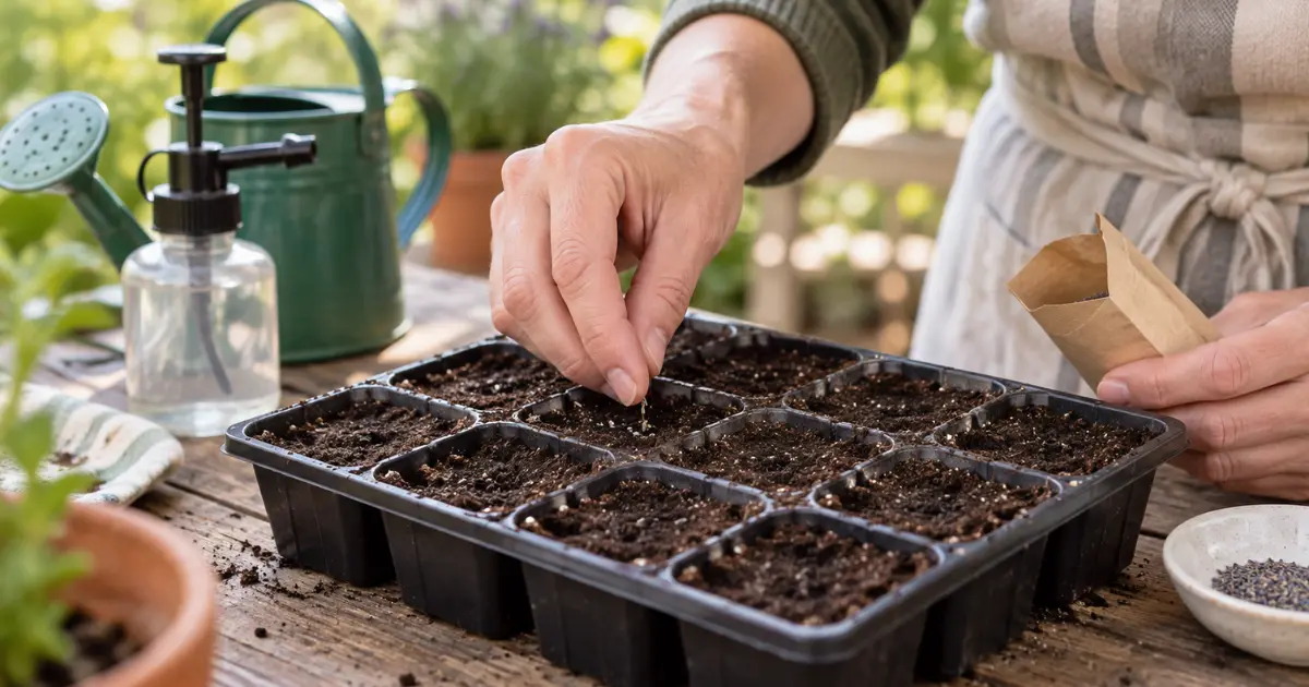 Gardener planting lavender seeds in a seed-starting tray