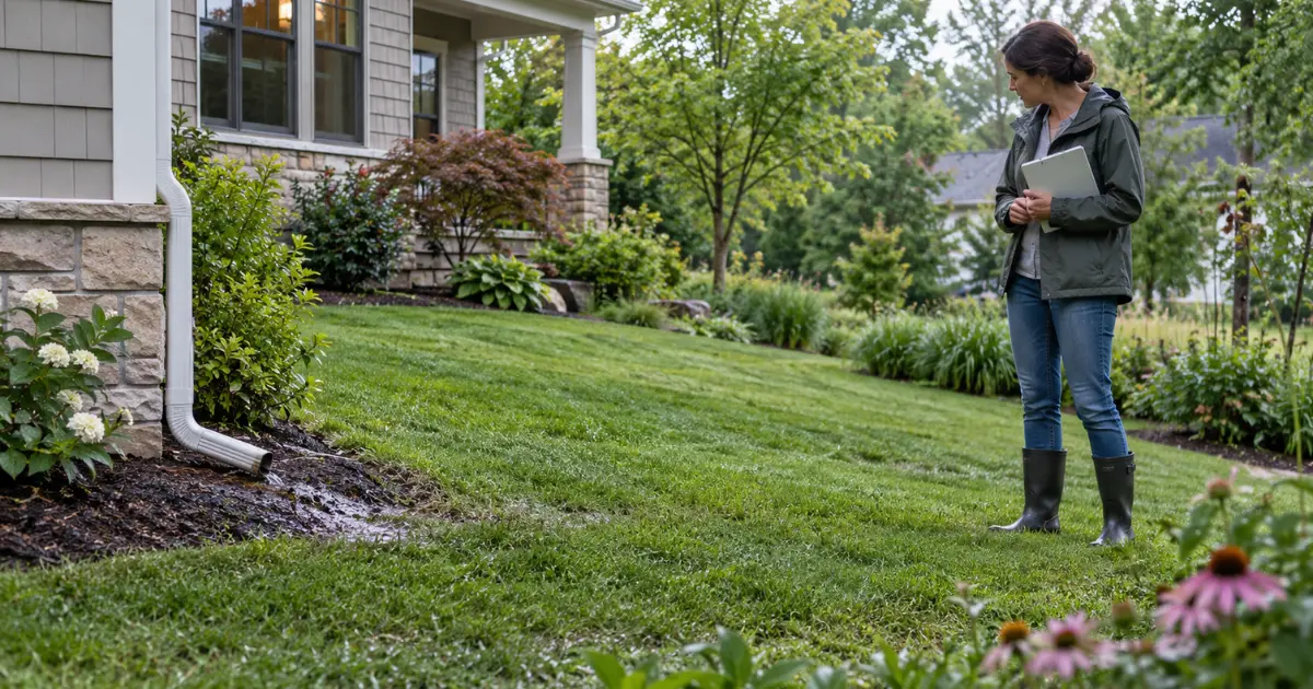 Homeowner evaluating a suitable location for a rain garden in the yard