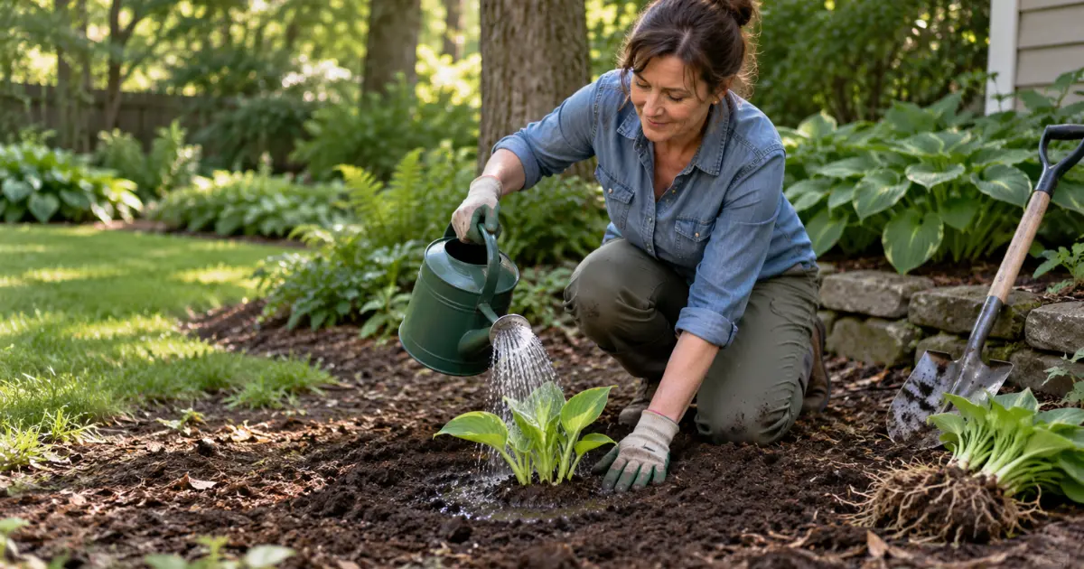 Gardener replanting and watering a newly divided hosta in a shaded garden