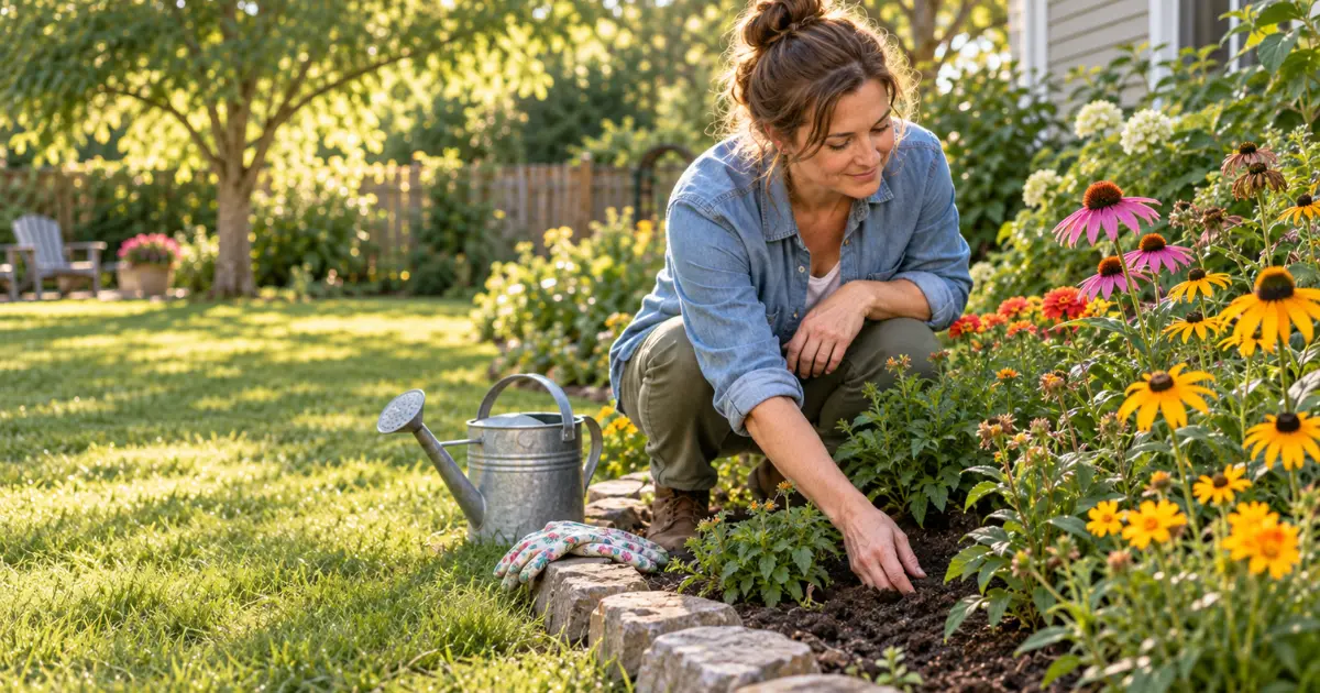 Beginner gardener checking soil moisture while caring for easy flowers to grow