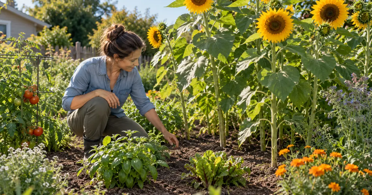 Gardener checking spacing and competition between sunflower companion plants in a mixed garden