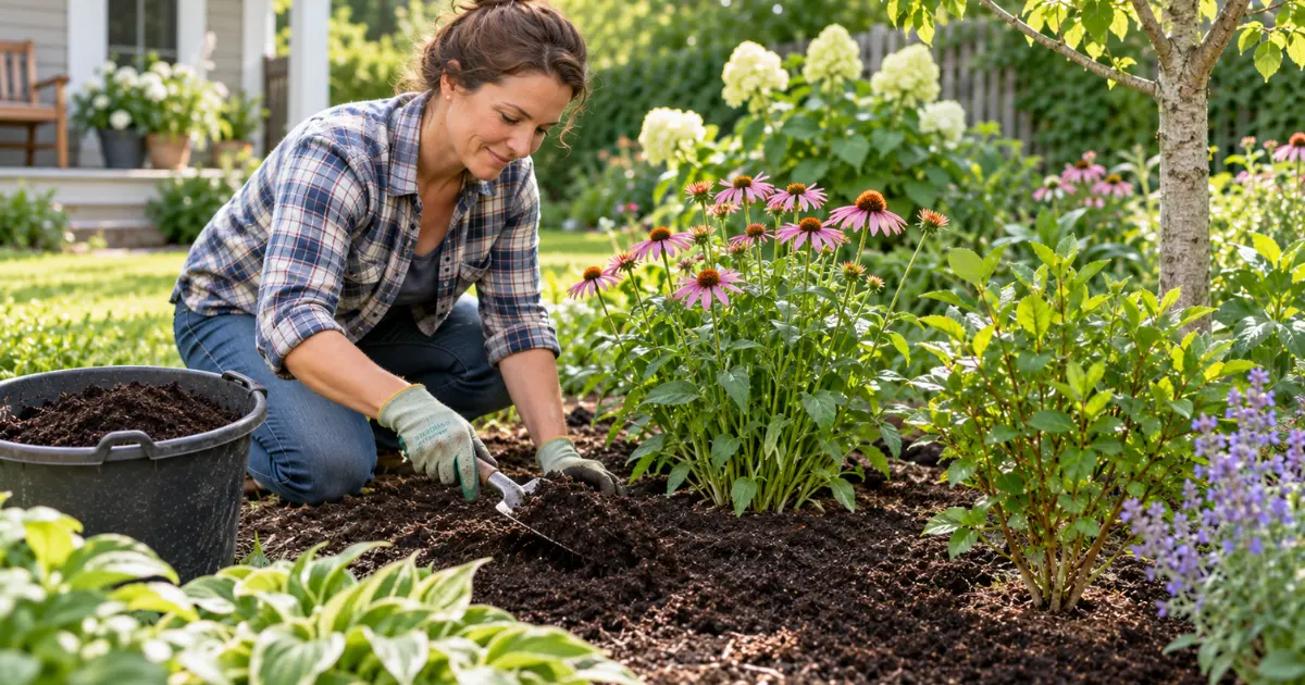 Gardener spreading finished compost around established garden plants