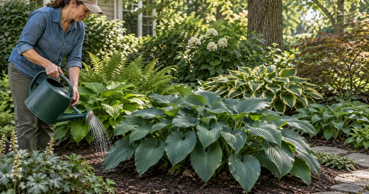 Gardener watering healthy hostas growing in filtered shade with moist well-drained soil