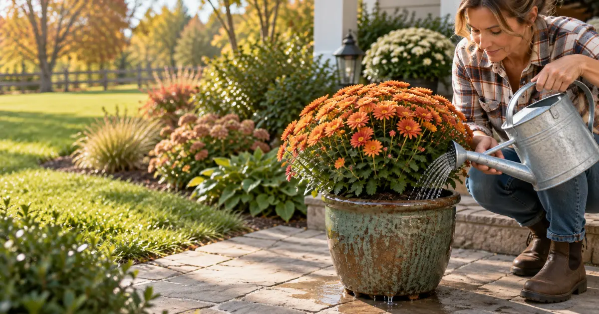 Gardener watering a potted mum thoroughly as excess water drains from the container