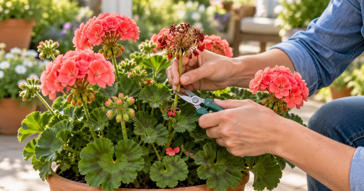 Gardener showing where to remove a spent geranium flower stalk near the main stem