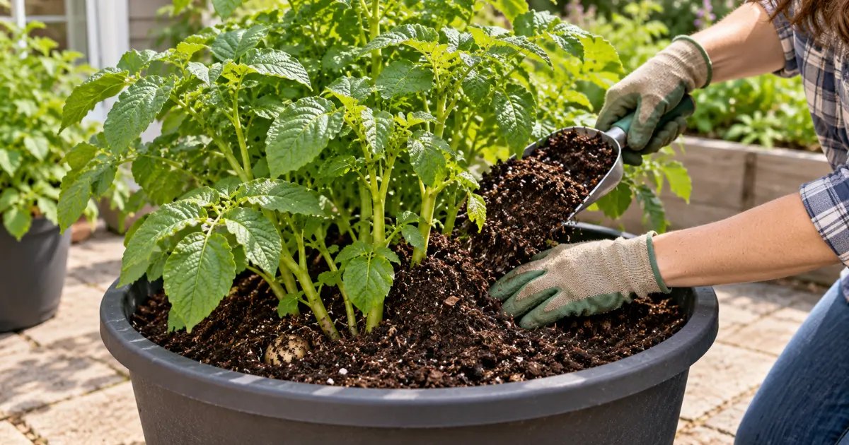 Adding growing medium around potato stems in a container while leaving healthy foliage exposed