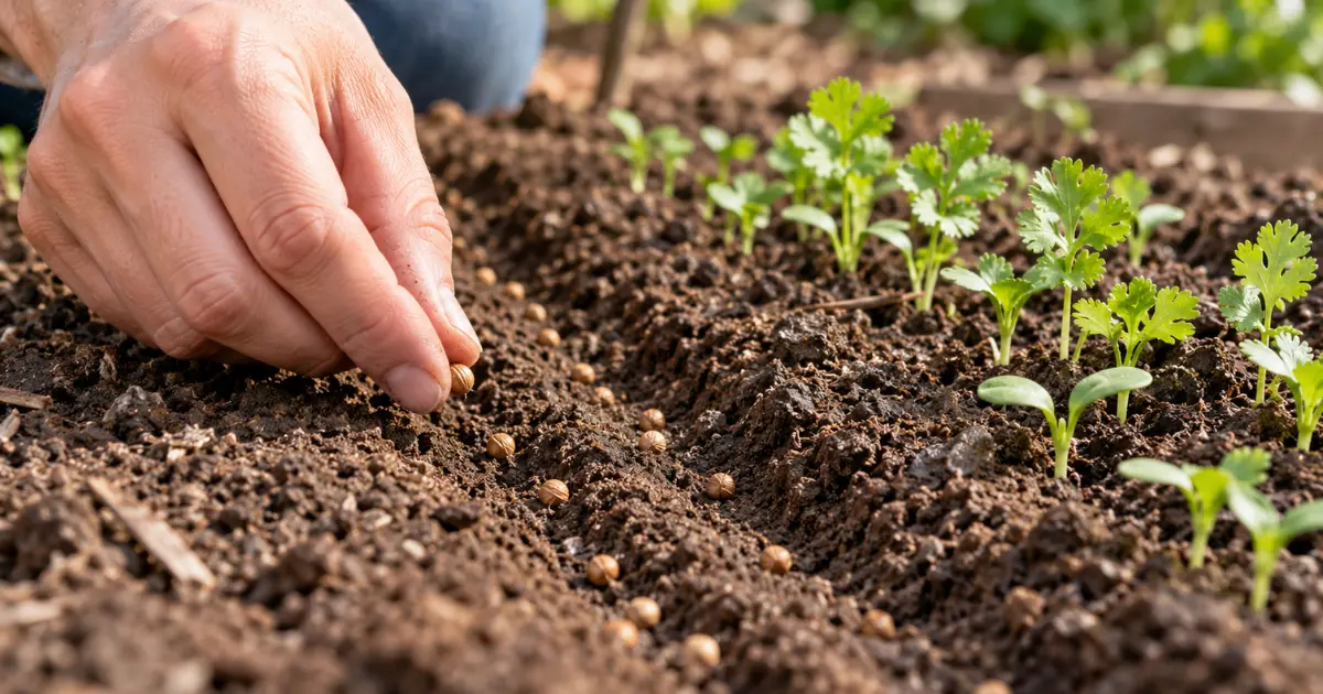 Cilantro seeds sown shallowly in garden soil with young seedlings emerging
