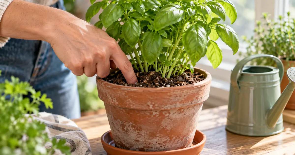 Checking indoor herb potting mix moisture before watering in a pot with drainage
