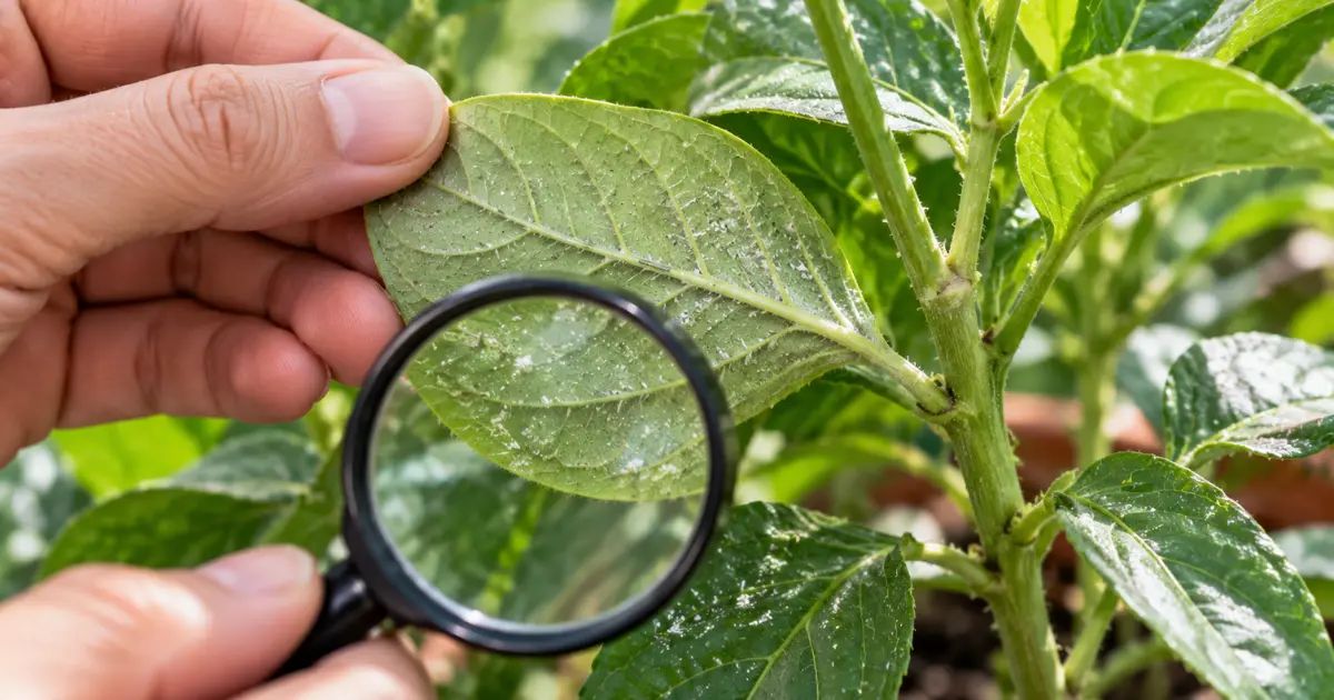 Inspecting the underside of a leaf with white spots for pests and other diagnostic clues