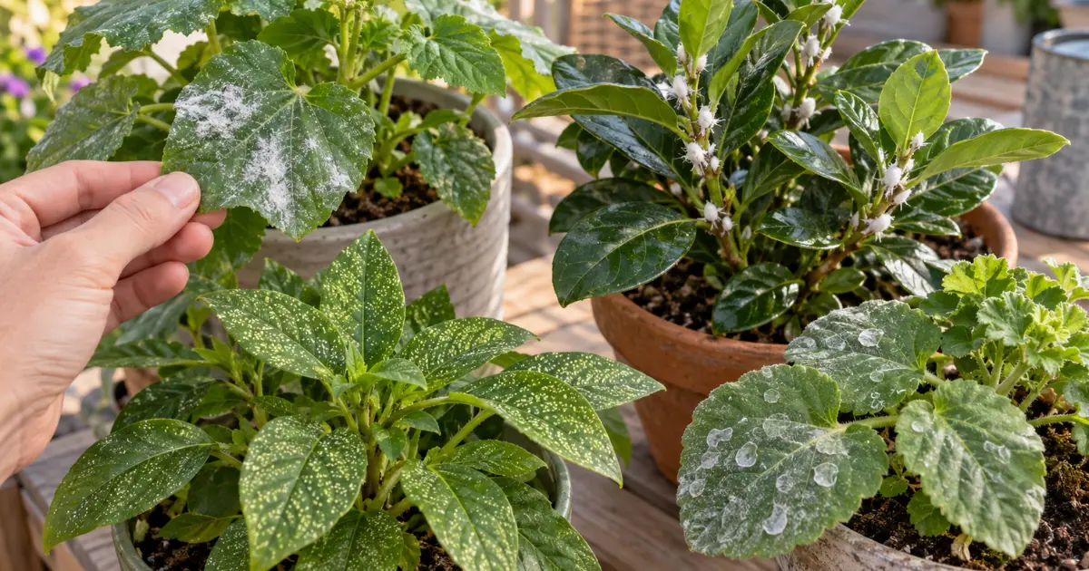 Different white spots on leaves showing powdery patches, waxy clusters, pale stippling, and surface residue