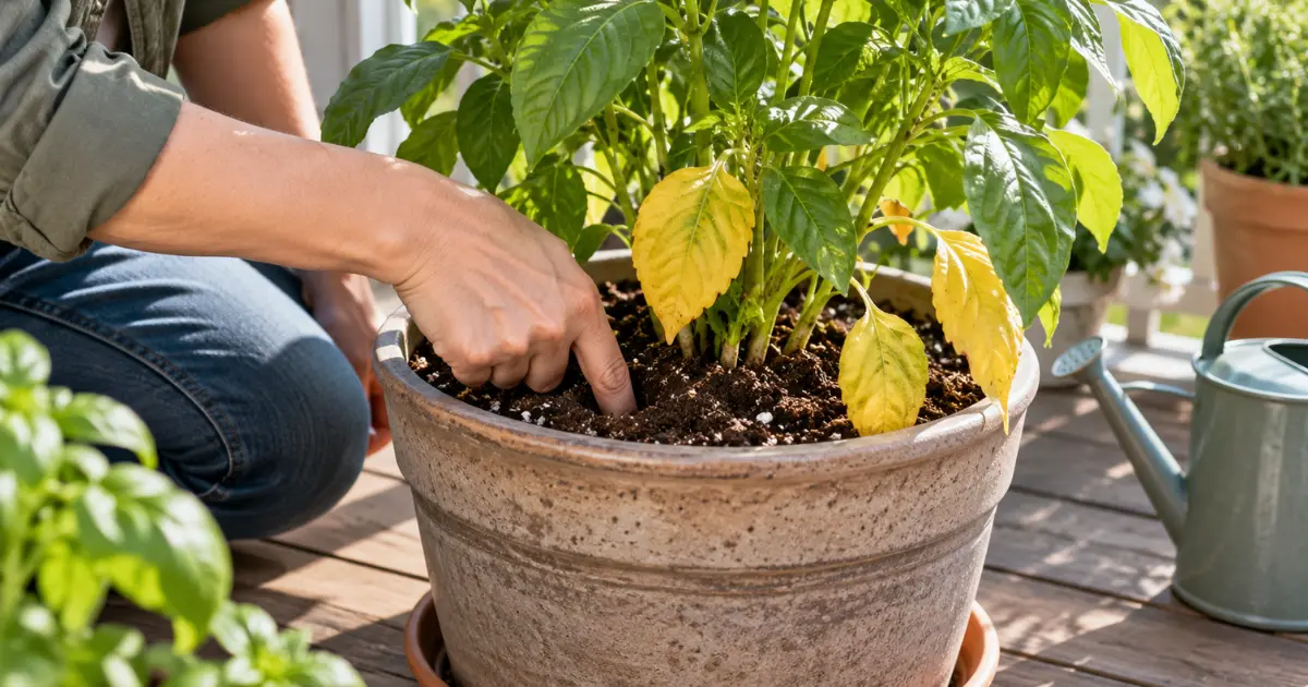 Checking root-zone moisture and drainage on a plant with yellow leaves before watering