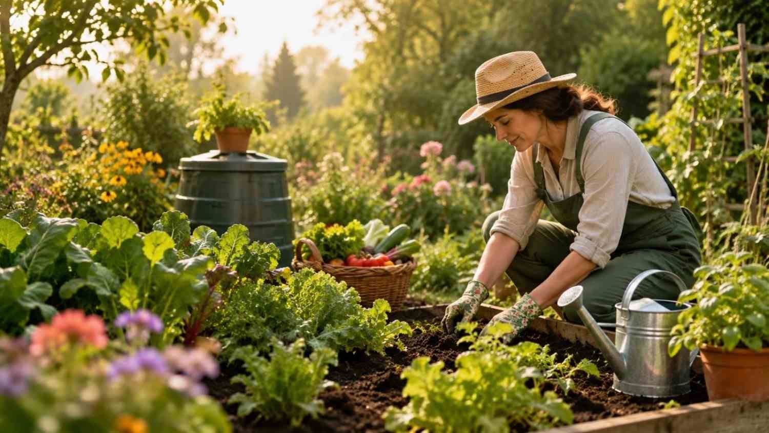 Woman tending vegetables in a healthy home garden