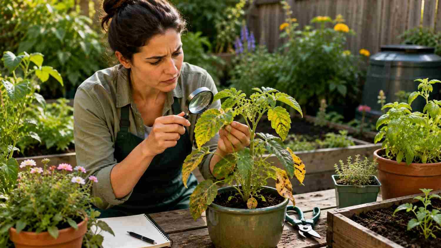 Gardener inspecting yellowing and spotted leaves on an unhealthy plant in a home garden.