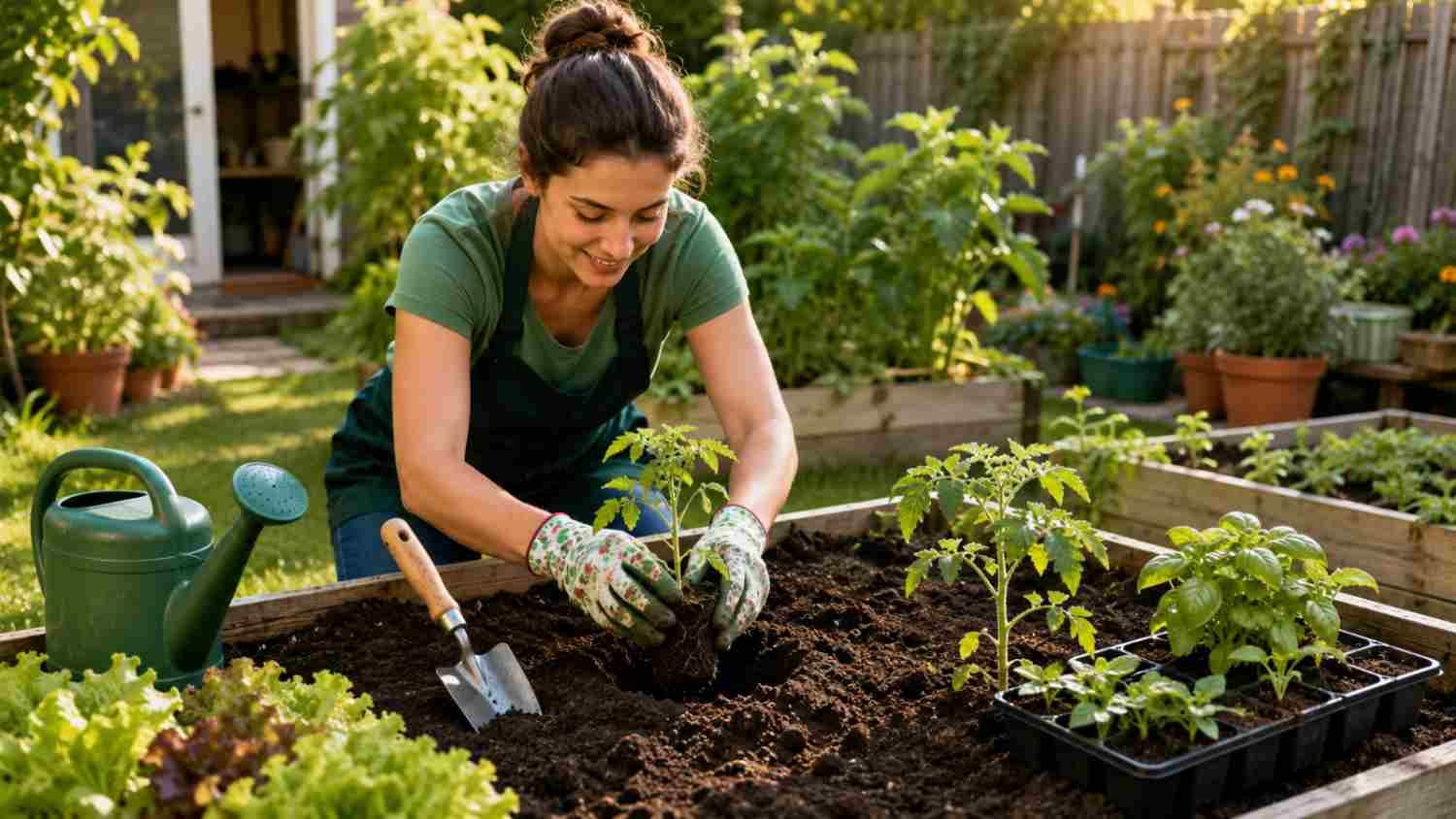 Home gardener planting young vegetable seedlings in a beginner-friendly backyard vegetable garden bed.