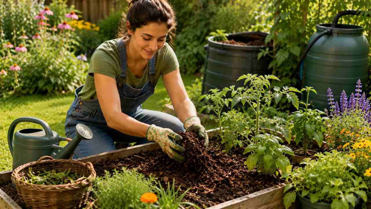 Home gardener spreading organic mulch around plants in a sustainable backyard garden.