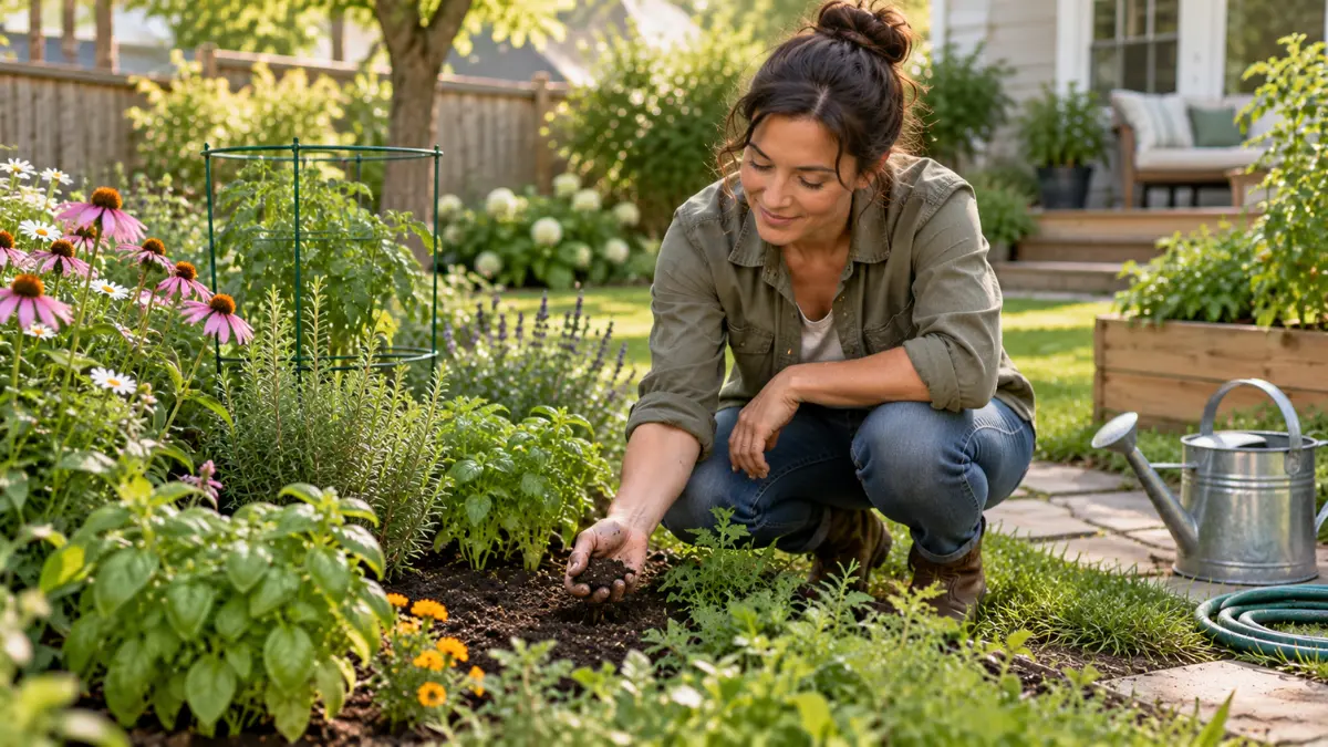 Beginner gardener checking soil moisture before watering a home garden
