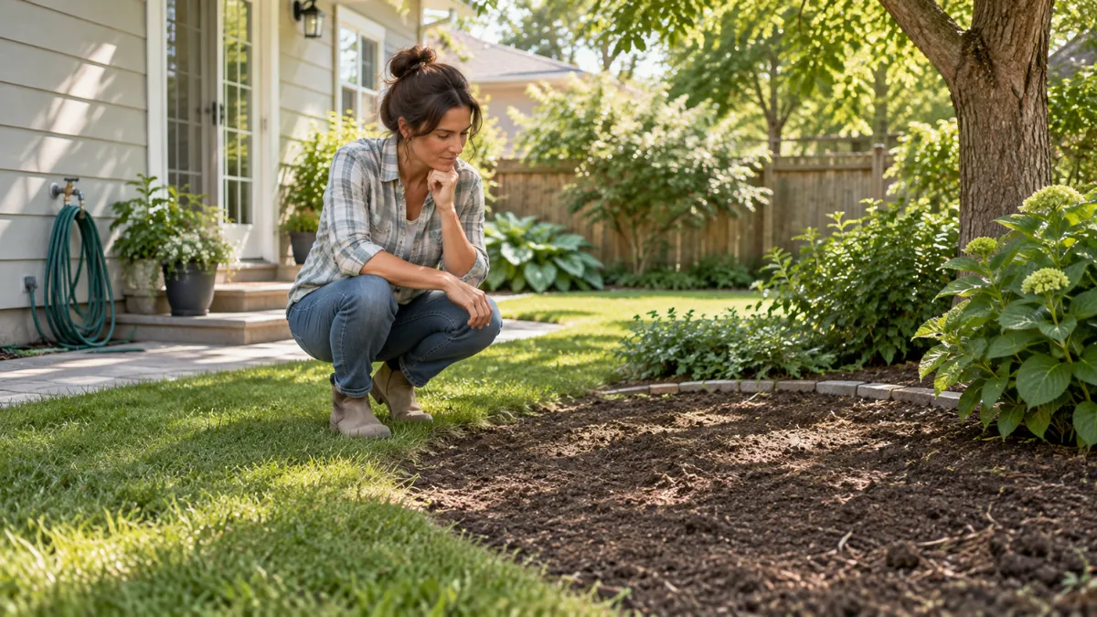 Beginner gardener choosing a suitable location for a new home garden