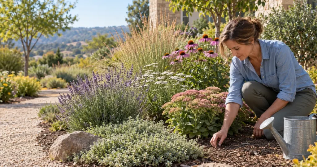 Drought tolerant plants growing in a sunny home garden as a gardener checks the soil