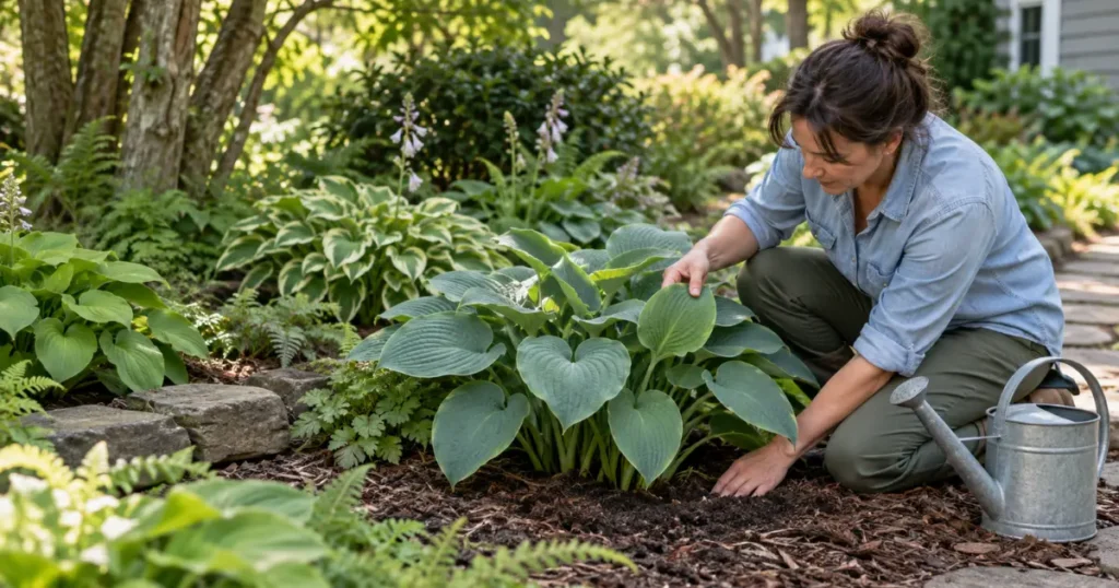Hosta care with a gardener checking soil moisture beside healthy hostas in a shaded garden
