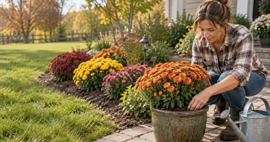 How often to water mums – gardener checking soil moisture in a potted mum beside garden-bed mums