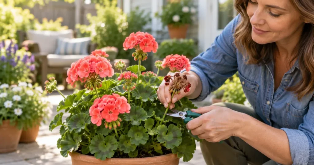 How to deadhead geraniums by carefully removing a spent flower cluster from a healthy geranium plant