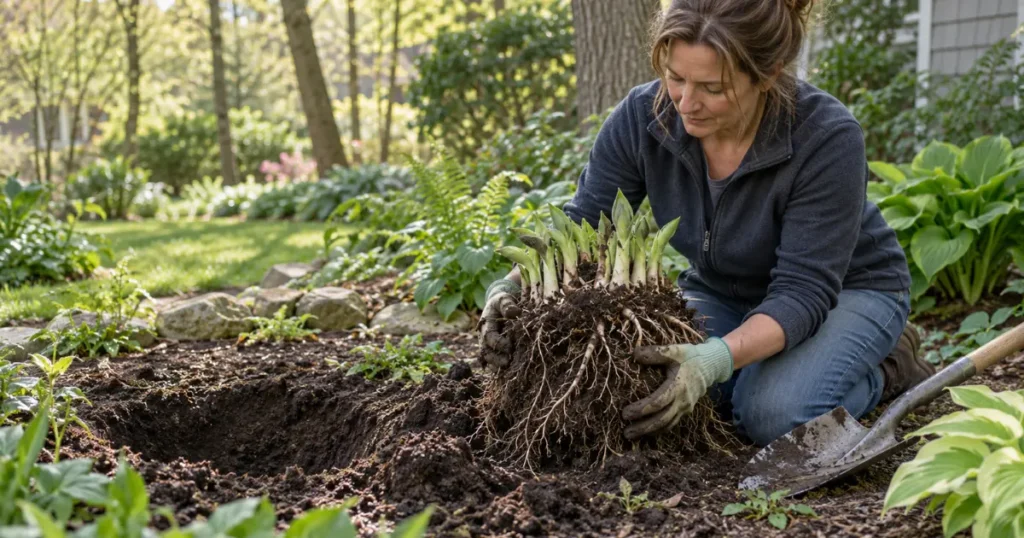 Home gardener learning how to divide hostas by lifting a mature hosta clump