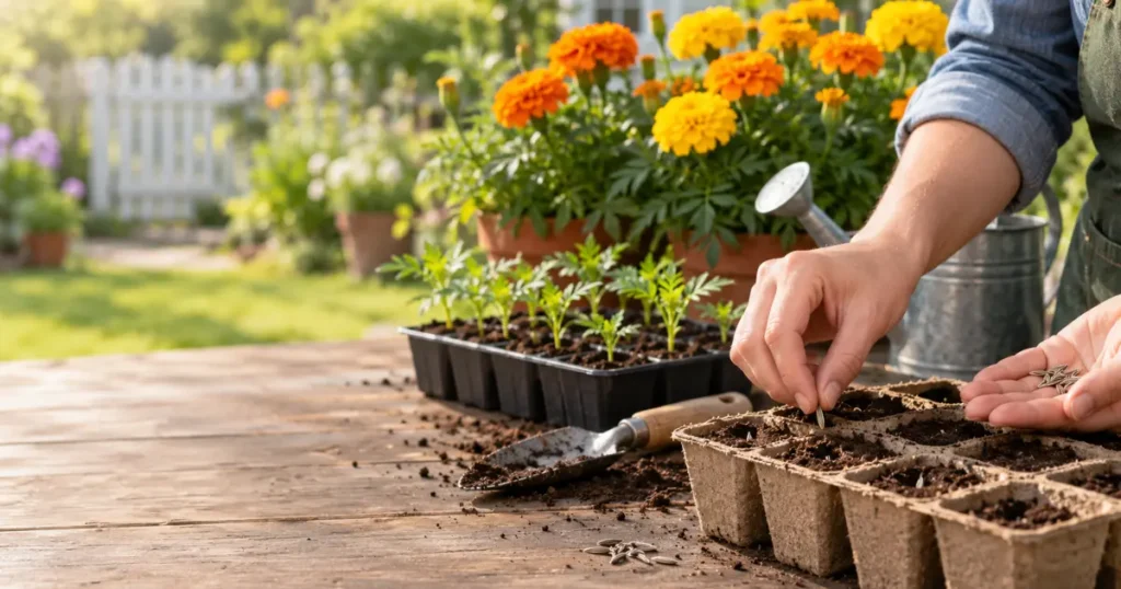 How to grow marigolds from seed with seedlings and flowering marigolds