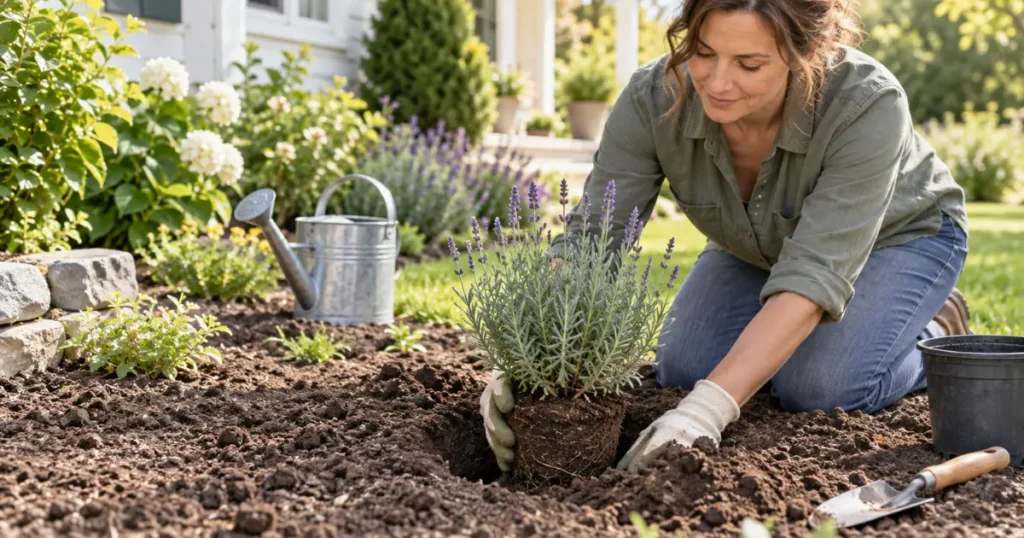 How to plant lavender in a sunny, well-drained garden bed using a nursery-grown plant