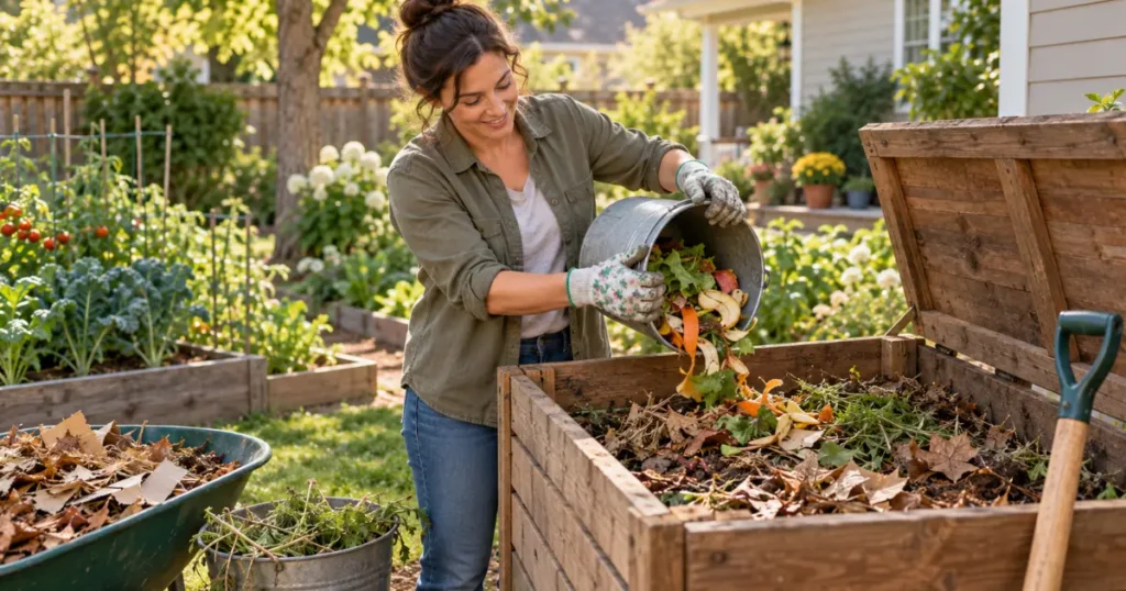 How to start composting with leaves and kitchen scraps in a backyard compost bin